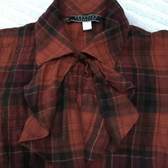 Peruvian Connection Womens Long Sleeve Plaid Top Sz 2 Button Ruffle Bow Neck Red - Picture 5 of 10